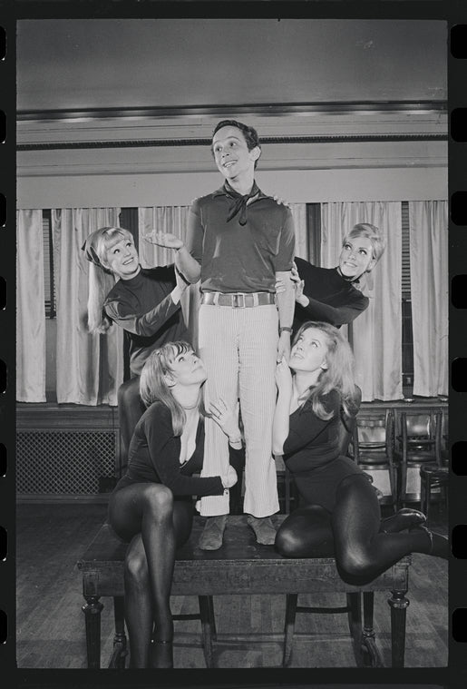 Joel Grey and dancers in rehearsal for the stage production Cabaret
