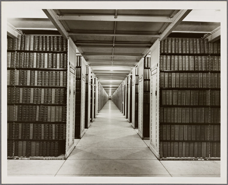 Photograph through center hallway of the stacks
