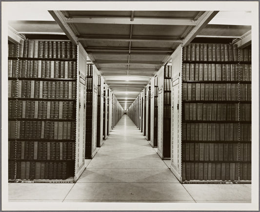 Photograph through center hallway of the stacks