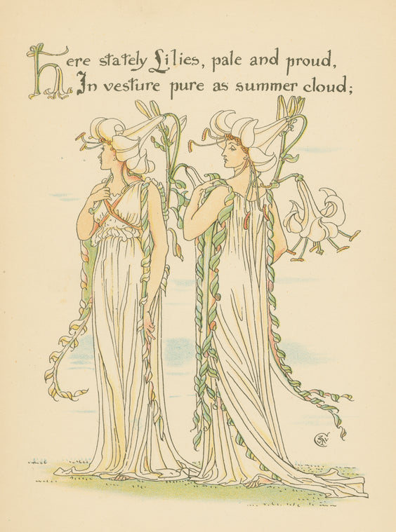 Here stately lilies, pale and proud, in vesture pure as summer cloud.