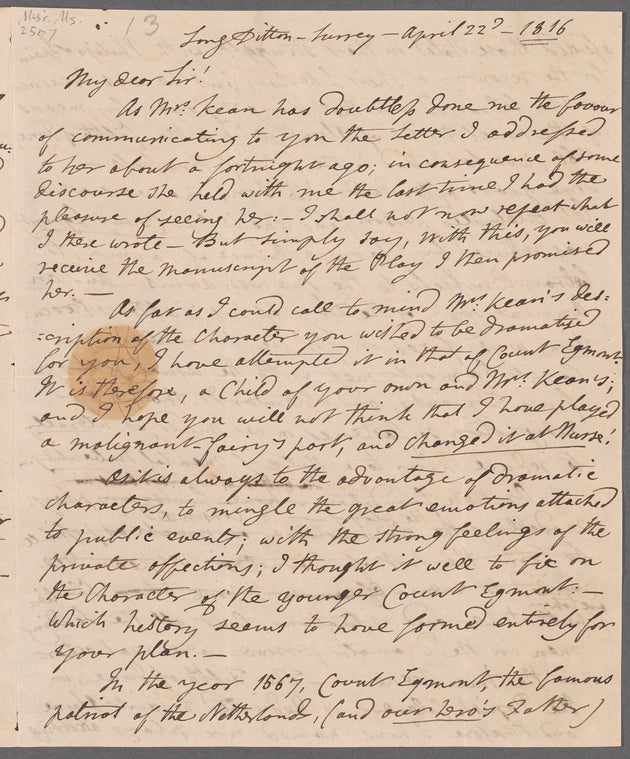 Jane Porter to Edmund Kean, autograph letter signed (copy)