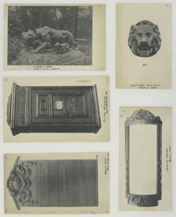 In Public Park, Christiana, Norway ["The Lioness with Cubs"]; Fulton Building [letter box], Philadelphia, PA; Brown Bank, Baltimore, MD; [tablet for Alexander Brown & Son Business]; Fennary Fountain, Boston, Mass.; Colonial Theatre, Boston, Mass.