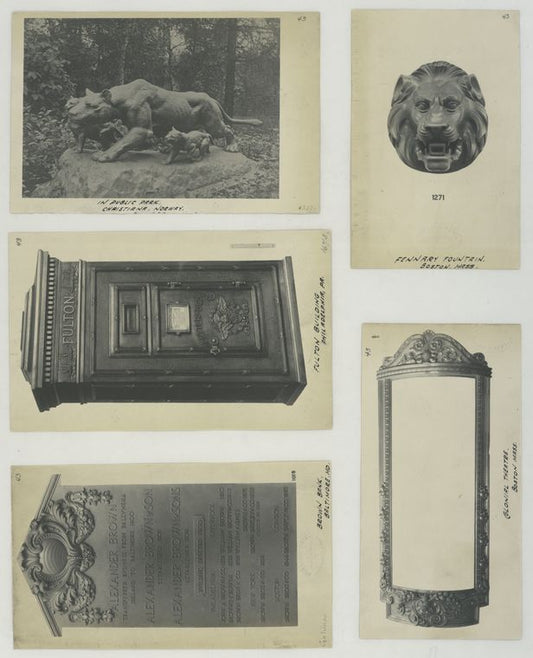 In Public Park, Christiana, Norway ["The Lioness with Cubs"]; Fulton Building [letter box], Philadelphia, PA; Brown Bank, Baltimore, MD; [tablet for Alexander Brown & Son Business]; Fennary Fountain, Boston, Mass.; Colonial Theatre, Boston, Mass.