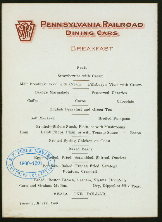 BREAKFAST [held by] PENNSYLVANIA RAILROAD DINING CARS [at]  (RR;)