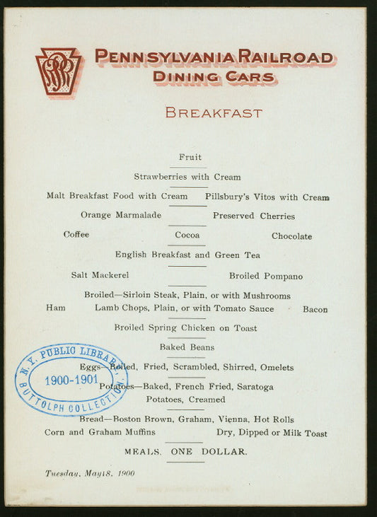 BREAKFAST [held by] PENNSYLVANIA RAILROAD DINING CARS [at]  (RR;)