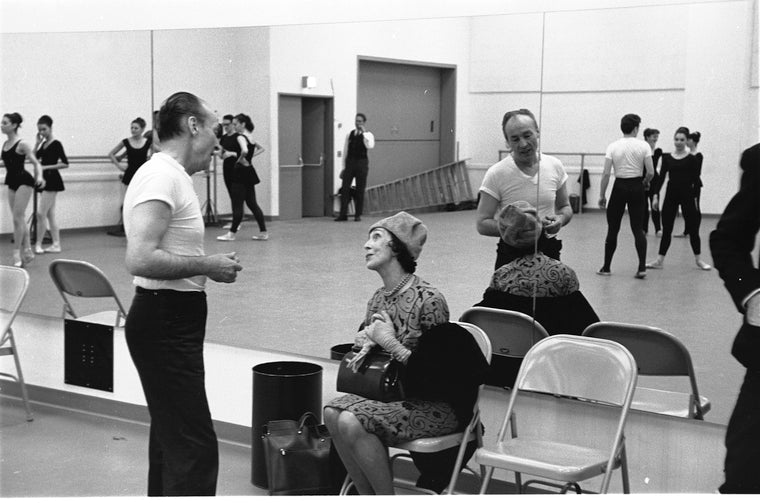 New York City Ballet rehearsal of "Clarinade" with George Balanchine and Felia Dubrovska (teacher at the School of American Ballet), choreography by George Balanchine (New York)