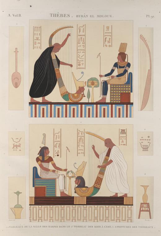 Thèbes. Bybân el-Molouk [Bîbân al-Mulûk]. 1.2. Tableaux de la salle des harpes dans le 5-e tombeau des rois à l'est; 3-8. Peintures des tombeaux.