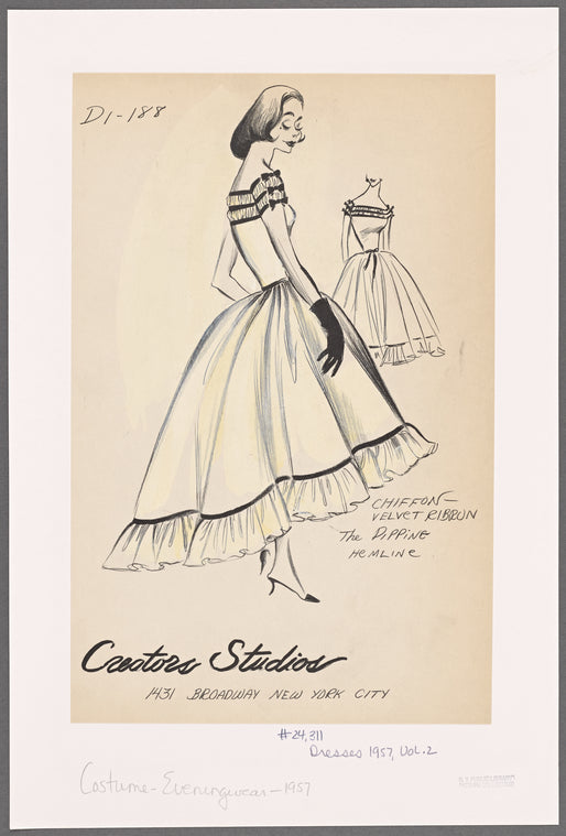 Chiffon evening gown with Florentine neckline set off with double rows of shirring and velvet ribbon piping and bows; dipping hemline with ruffle and matching piping