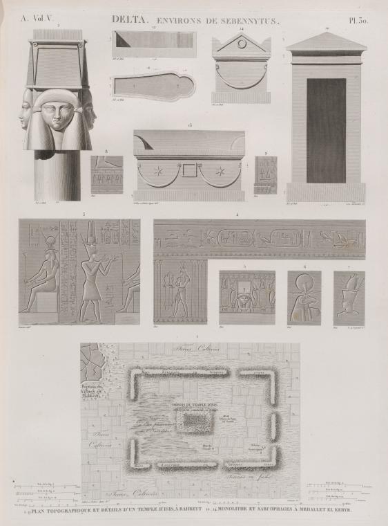 Delta, environs de Sebennytus. 1-9. Plan topographique et détails d'un temple d'Isis, à Bahbeyt [Bahbit al-Hijarah]; 10-14. Monolithe et sarcophages à Mehallet el-Kebyr [Mahallah al-Kubrá].