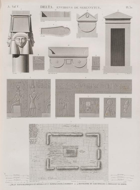 Delta, environs de Sebennytus. 1-9. Plan topographique et détails d'un temple d'Isis, à Bahbeyt [Bahbit al-Hijarah]; 10-14. Monolithe et sarcophages à Mehallet el-Kebyr [Mahallah al-Kubrá].