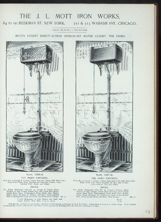 Mott's patent direct-action syphon-jet water closet, The Primo. Plate 1006-G ; Plate 1007-G.
