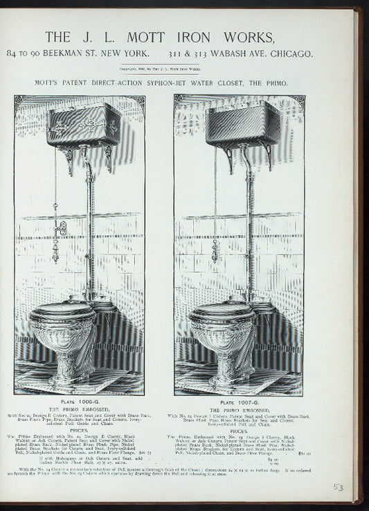 Mott's patent direct-action syphon-jet water closet, The Primo. Plate 1006-G ; Plate 1007-G.