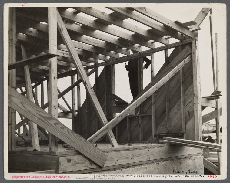 Construction of homes. Libertyville Homesteads, Illinois. Each plot includes a five or six room house and a barn for cow.