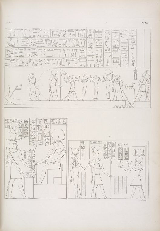 Bari dell' ora quinta del Sole (segue la serie dei quadri di Edfu [Idfû], cominciata nella tav. 38). - Tolomeo-Evergete II immola un antilope al dio Chons [Khonsu]. - Tolomeo Filopatore fa offerta all' Horus di Edfu e ad Athyr [Hathor].