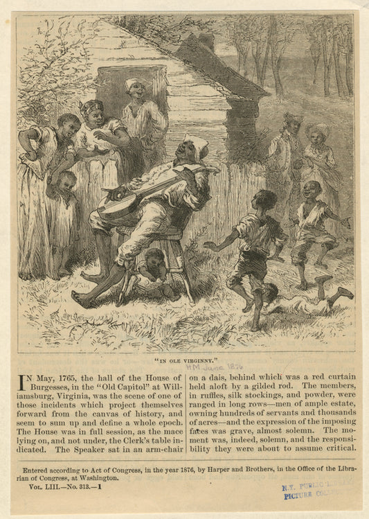 Women and children listening to man playing a banjo