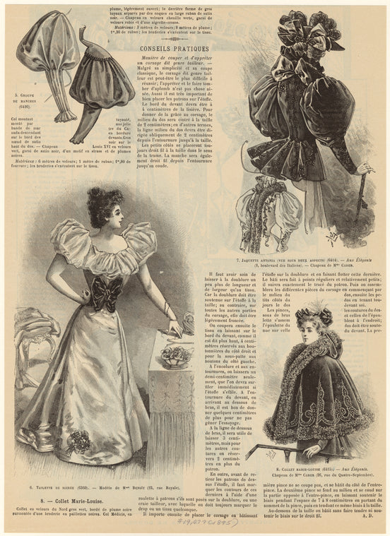 Groupe de manches (6426) ; Toilette de soirée (6360) ; Jaquette Antonia (vue sous deux aspects) (6414) ; Collet Marie-Louise (6415)
