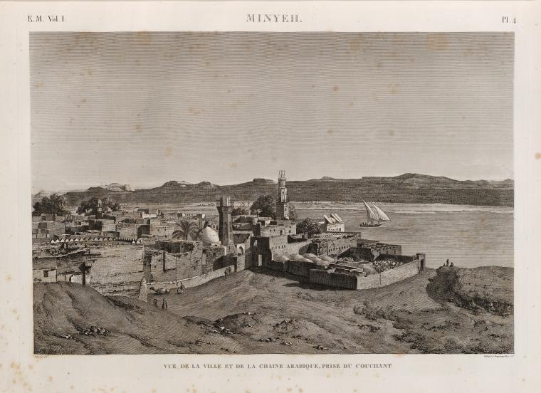 Minyeh [Minyâ]. Vue de la ville et de la chaine arabique, prise du couchant.