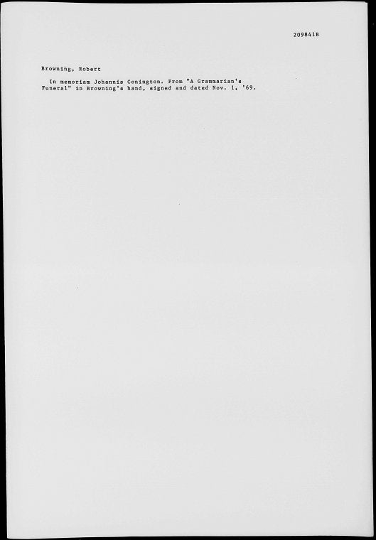 In memoriam Johannis Conington. Holograph copy of the last 14 lines of "A grammarian's funeral"