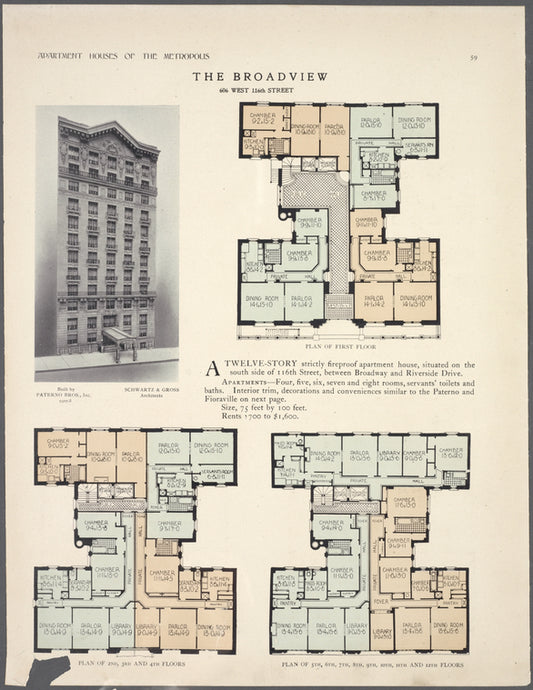 The Broadview, 606 West 116th Street ; Plan of first floor ; Plan of 2nd-4th floors ; Plan of 5th-12th floors.