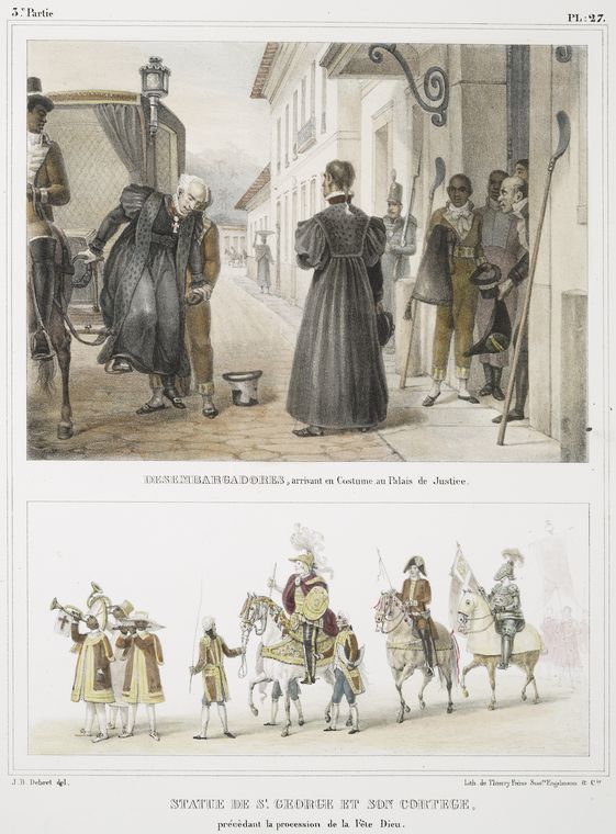 Desembargadores, arrivant en costume au Palais de Justice; Statue de St. George et son cortège, prècédant la procession de la Fête Dieu.