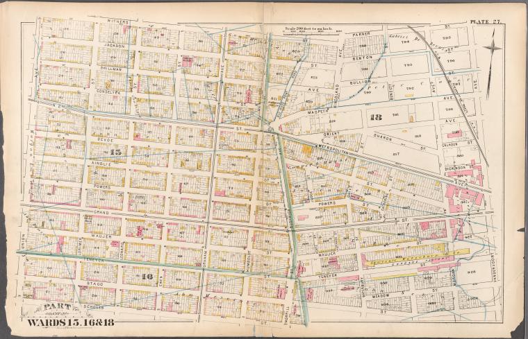 Plate 27: Bounded by Withers Street, Kingsland Avenue, Parker Street, Vandervoort Avenue, Stagg Street, Morrill Street, Scholes Street and Union Avenue
