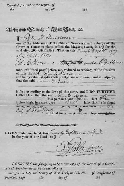 Certificate from County of NY of manumission for John Moore