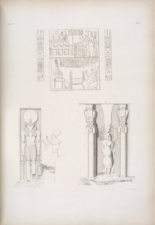 Ibsambul: 1. Adorazione di Ramses III a varie deita? 2.Immagine di Phre sopra la porta dello Speco maggiore. 3. La vacca di Athyr di fronte, che tiene tra le zampe una figura umana (fondo del santuario dello Speco minore).