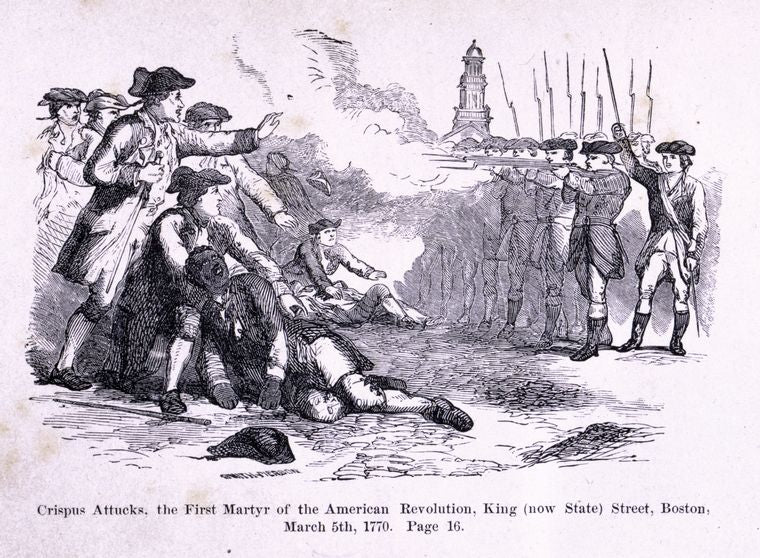 Crispus Attucks, the first martyr of the American Revolution, King (now State) Street, Boston, March 5th, 1770.