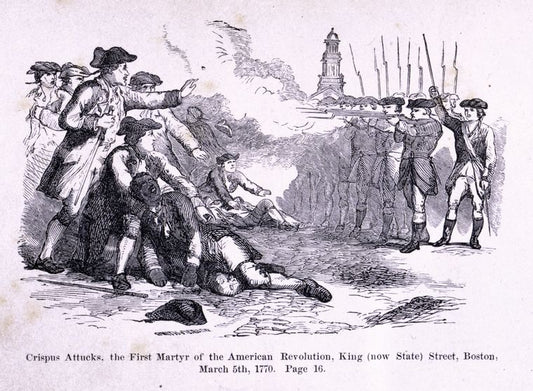 Crispus Attucks, the first martyr of the American Revolution, King (now State) Street, Boston, March 5th, 1770.