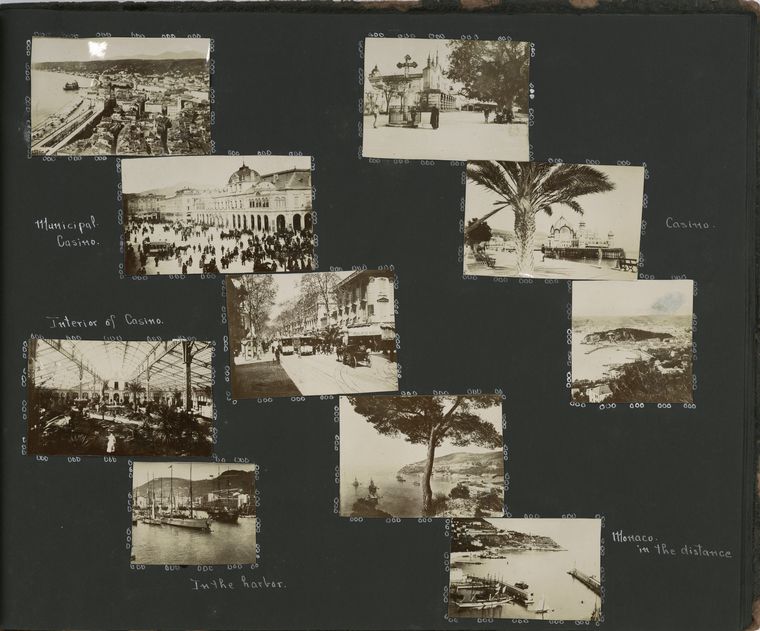 Photographs depicting Nice, France including views of the casinos, gardens, promenade, harbor, and a view of Monaco