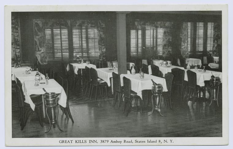 Great Kills Inn, 3879 Amboy Road, Staten Island 8, N.Y. [int. of dining room, AD text on back]