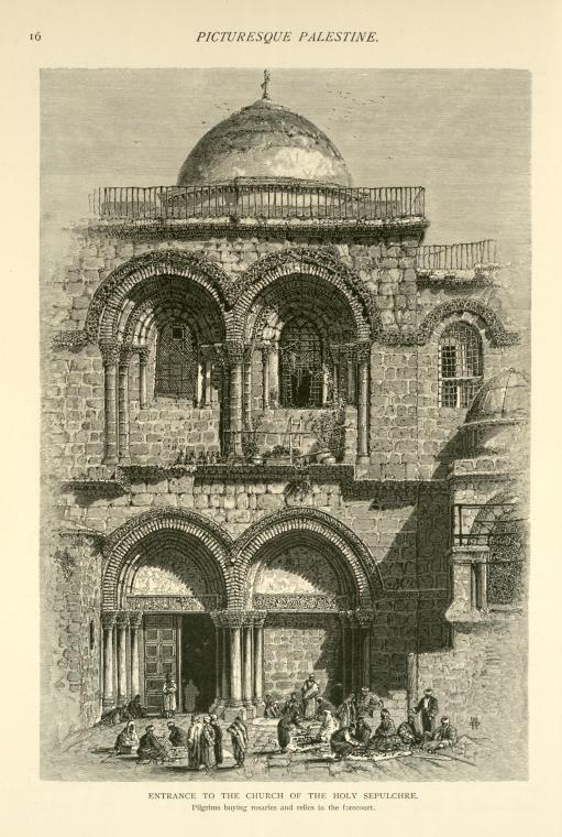 Entrance to the Church of the Holy Sepulchre, pilgrims buying rosaries and relics in the forecourt