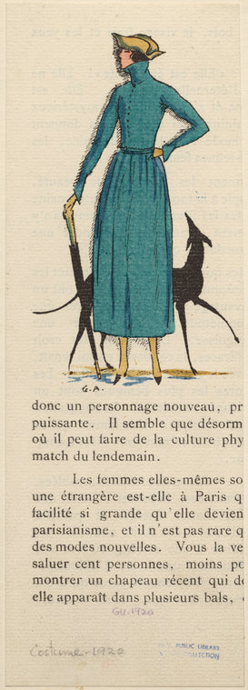 Woman in turtleneck teal outfit, 1920s