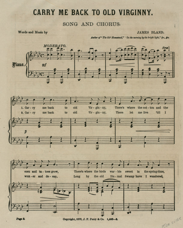 Carry me back to old Virginny : song and chorus