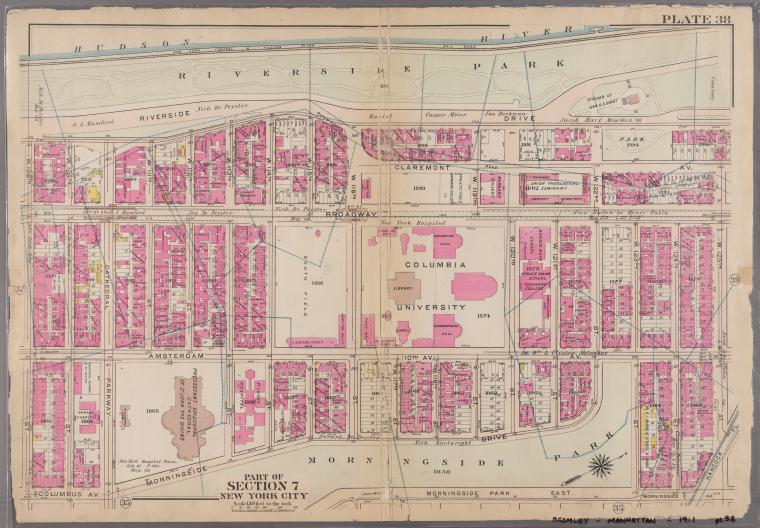 Plate 38: Bounded by Hudson River (Riverside Park, Riverside Drive), W. 125th Street, Morningside Drive, Columbus Avenue, and W. 108th Street.
