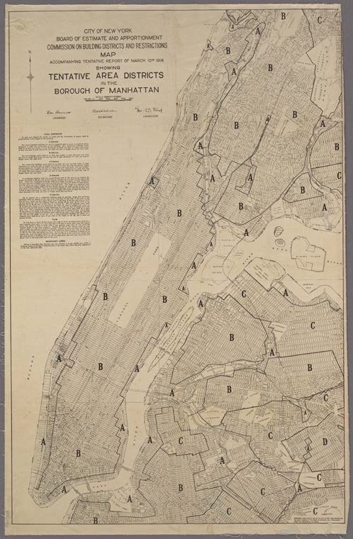 Map accompanying report of March 10th 1916 showing tentative area districts in the Borough of Manhattan