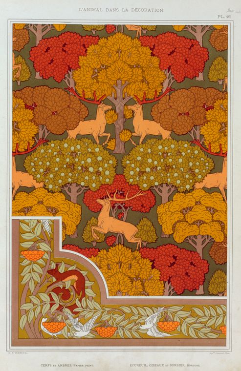 Cerfs et arbres, papier peint. Écureuil oiseaux et sorbier, bordure.