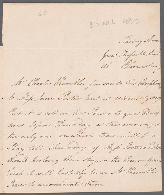 Charles Kemble to Jane Porter, autograph letter third person