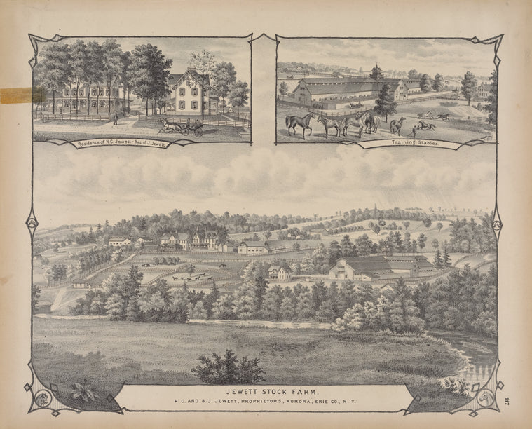 Residence of H. C. Jewett - Res. of Jewett ; Training Stables. ; Jewett Stock Farm. H. C. and J. Jewett, Propriertors, Aurora, Erie Co., N.Y.
