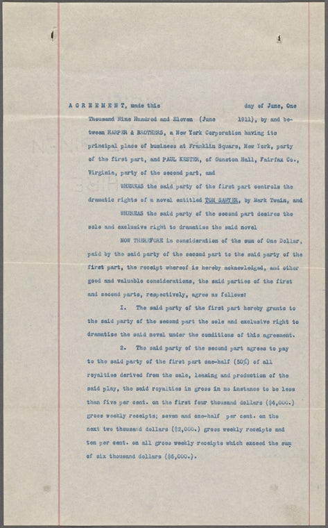 Agreements, correspondence, forms, statements from various theatrical agencies concerning Samuel Langhorne Clemens from the files of the American Play Company.: Adventures of Tom Sawyer