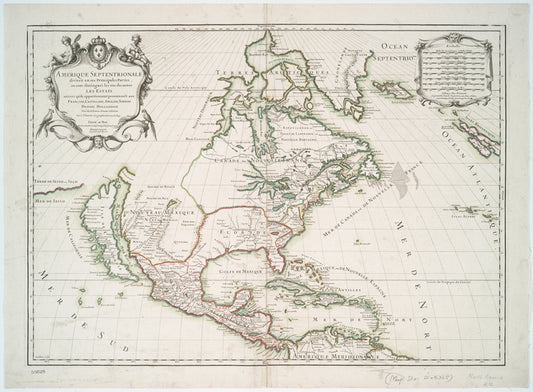 Amerique septentrionale divisée en ses principales parties : ou sont distingués les vns des autres les estats suivant qu'ils appartiennent presentemet aux François, Castillans, Anglois, Suedois, Danois, Hollandois