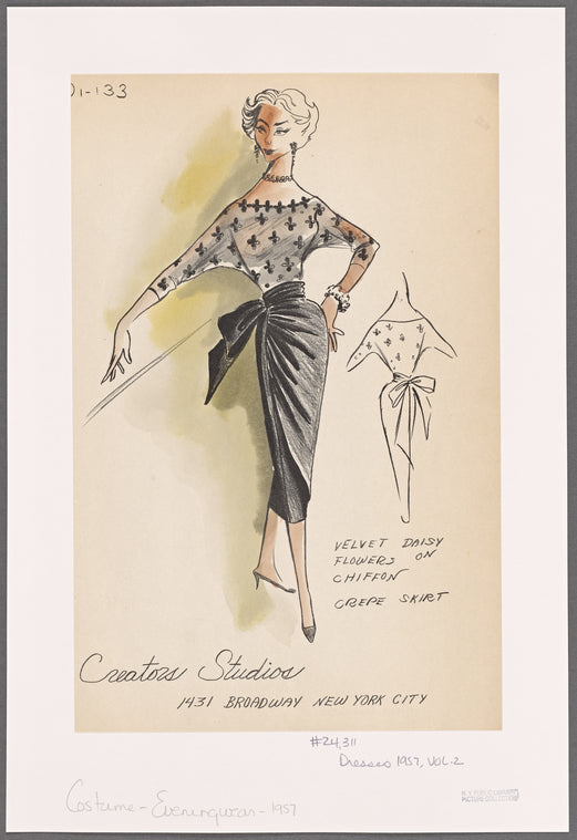Bateau-neckline cocktail dress with bodice and dolman sleeves of chiffon with velvet daisy decorations; crepe wrap skirt with wide waist sash tying at side or back