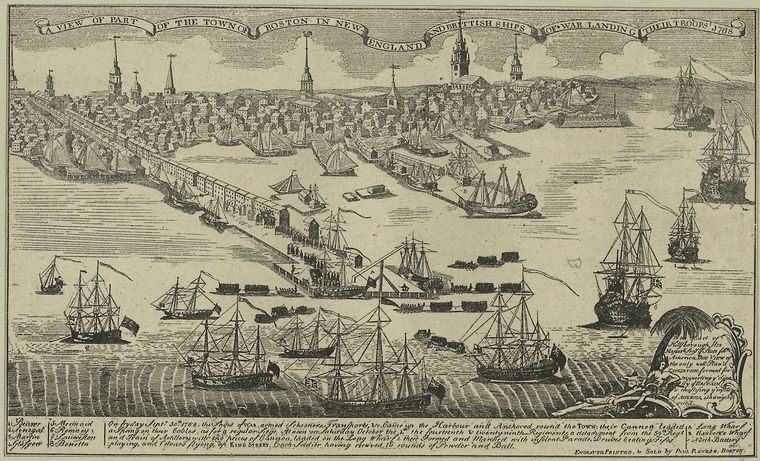 A view of part of the town of Boston in New England and Brittish [sic] ships of war landing their troops 1768.