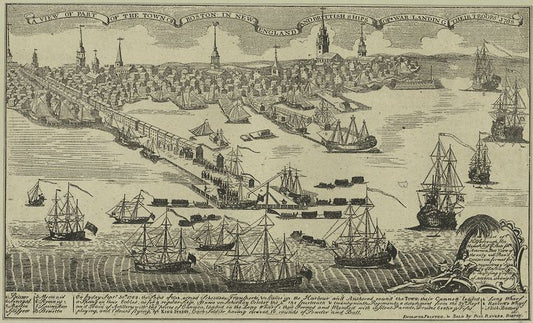 A view of part of the town of Boston in New England and Brittish [sic] ships of war landing their troops 1768.