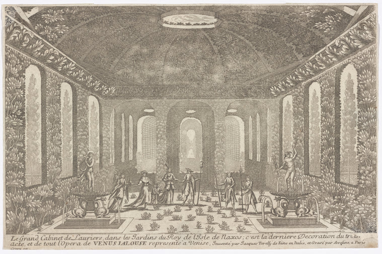 Le Grand Cabinet des Lauriers, dans les Jardins du Roy de l'Isle de Naxos; c'est la derniere Decoration du tro[isième?] acte, et de tout l'Opera de Venus Ialouse representé a Venise