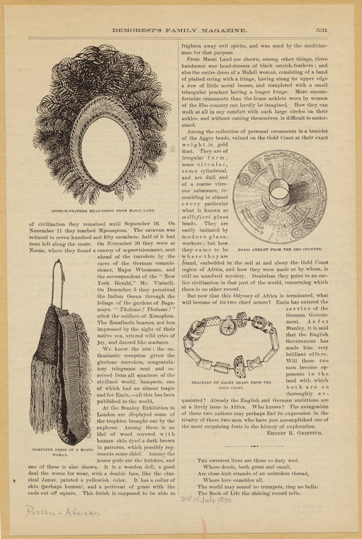 Ostrich-feather head-dress from Masai Land ; Complete dress of a Mahdi woman ; Brass anklet from the Ebo country ; Bracelet of the aggry beads from the Gold Coast