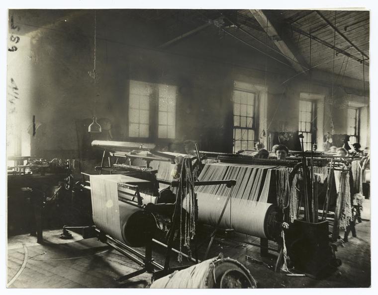 A Weaving Room, with Looms in Action.