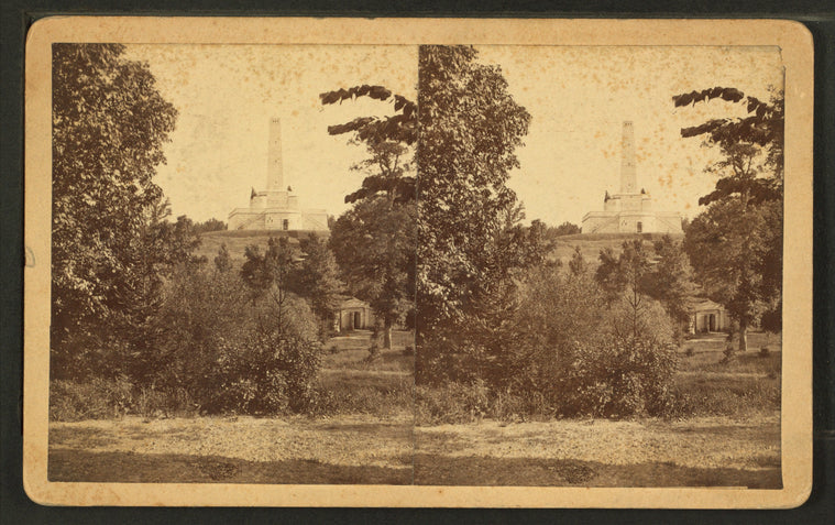 National Lincoln Monument, Springfield, Illinois. View from a point slightly east of north from the Monument, and across a ravine running east and west through Oak Ridge Cemetery.