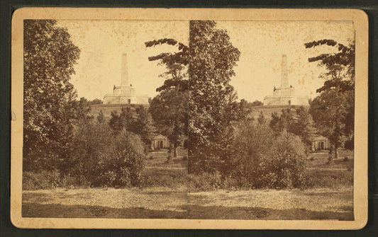 National Lincoln Monument, Springfield, Illinois. View from a point slightly east of north from the Monument, and across a ravine running east and west through Oak Ridge Cemetery.