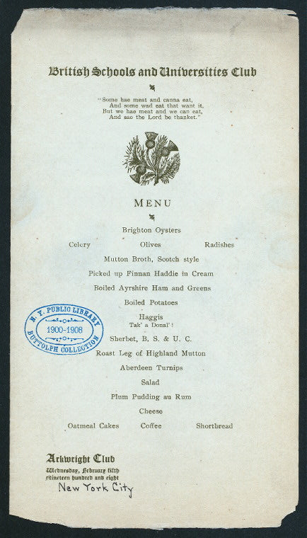 DINNER [held by] BRITISH SCHOOLS AND UNIVERSITIES CLUB [at] "ARKWRIGHT CLUB, NEW YORK, NY" (OTHER [PRIVATE?];)